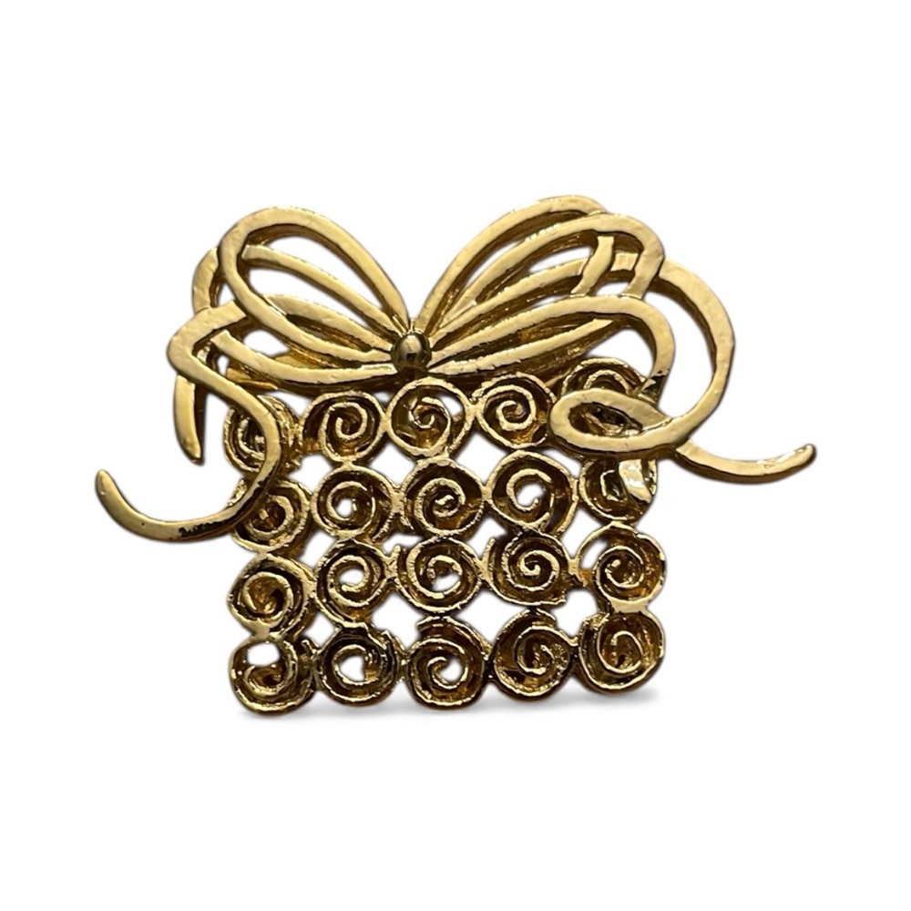 Vintage GIFT BOX BOW Gold Tone Filigree Swirls Box Curled Bow Present Christmas